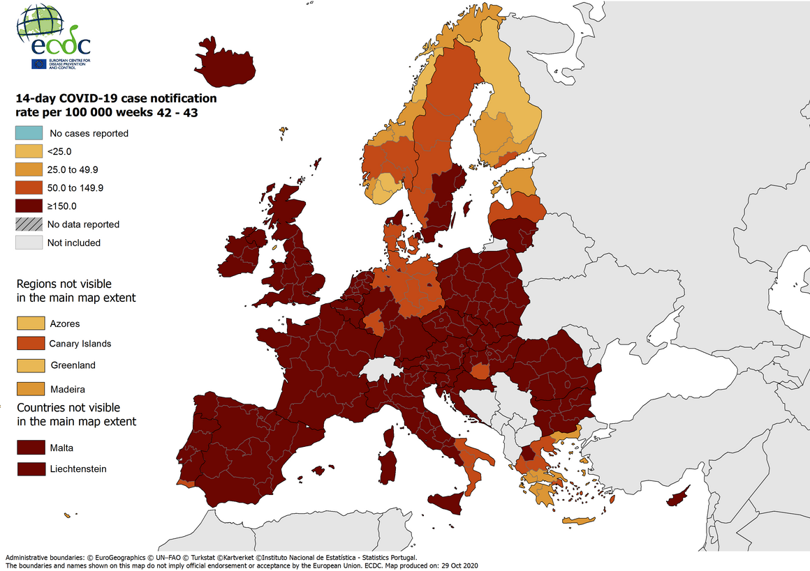 14-day case notification rate per 100 000 inhabitants, updated 29 October 2020