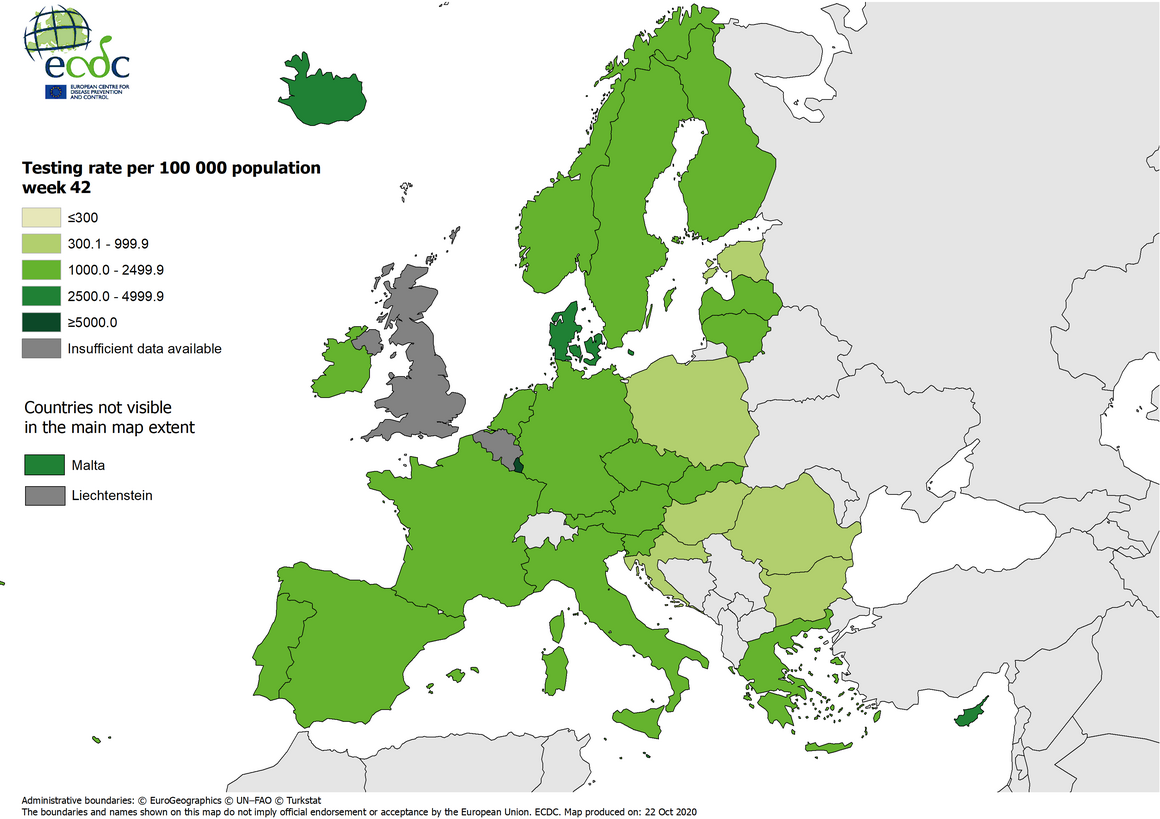 Testing rates per 100 000 inhabitants, updated 22 October 2020