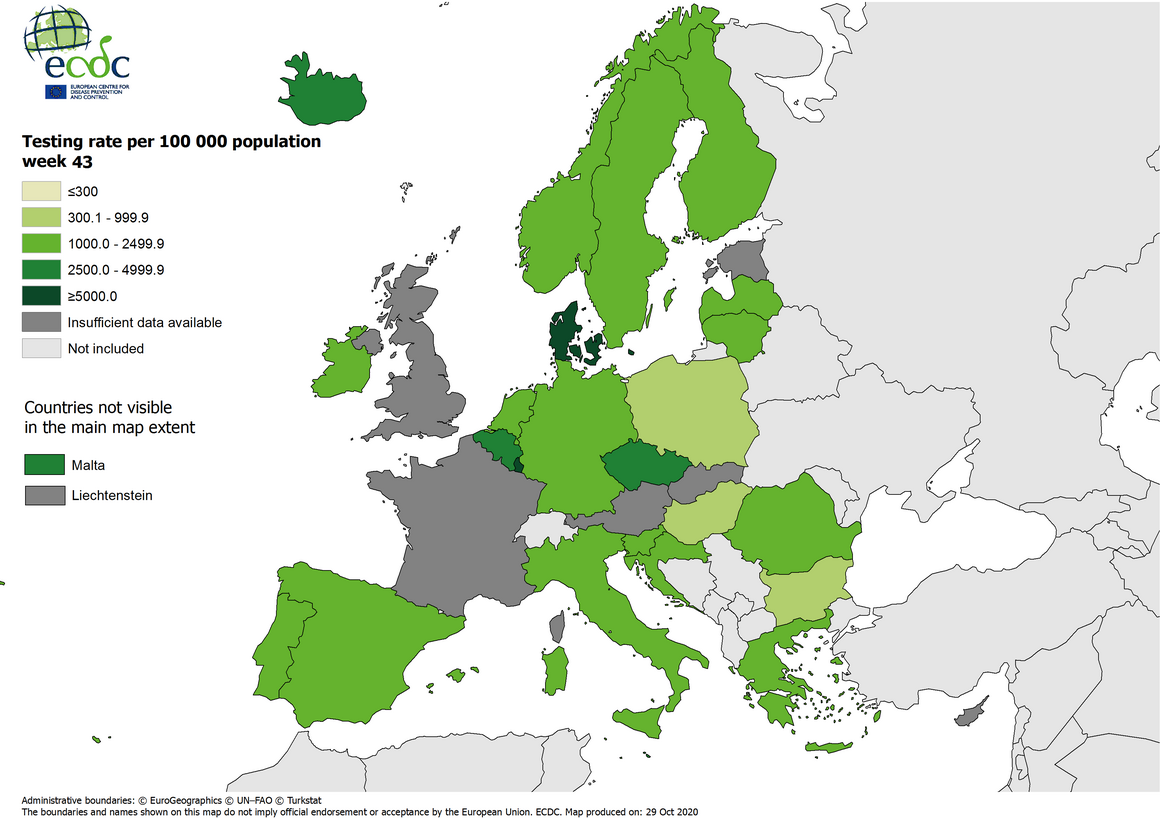 Testing rates per 100 000 inhabitants, updated 29 October 2020