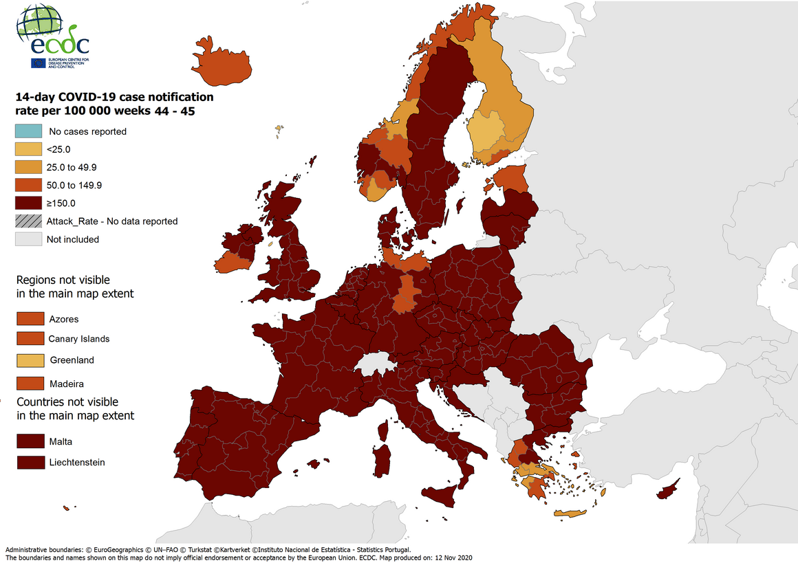 14-day case notification rate per 100 000 inhabitants, updated 12 November 2020