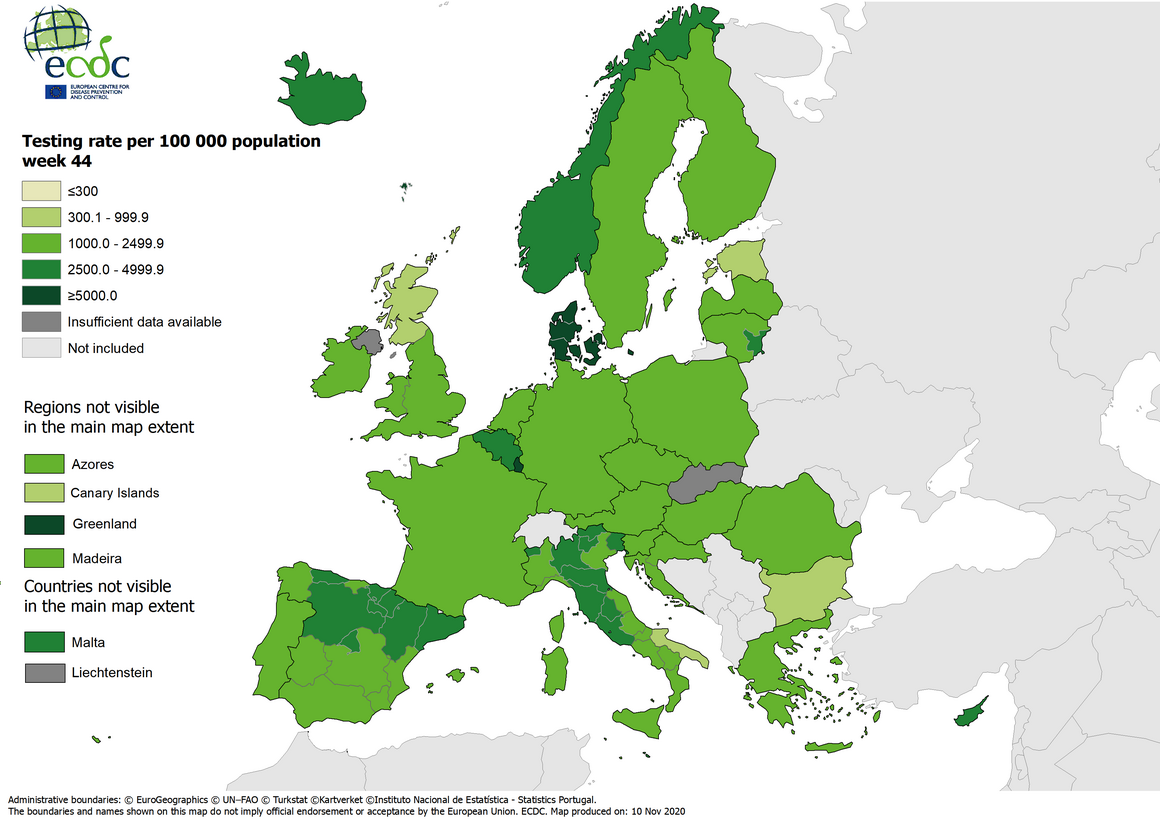 Testing rates per 100 000 inhabitants, updated 5 November 2020