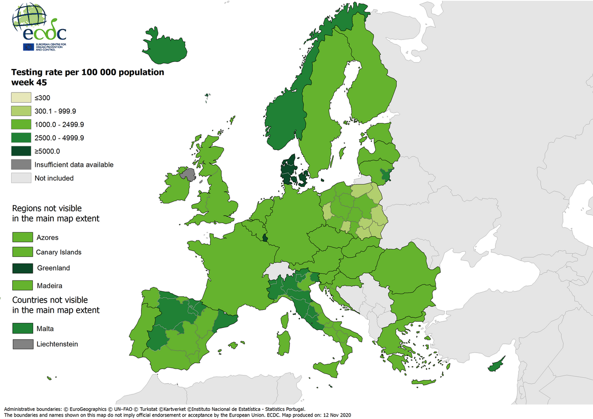 Testing rates per 100 000 inhabitants, updated 12 November 2020