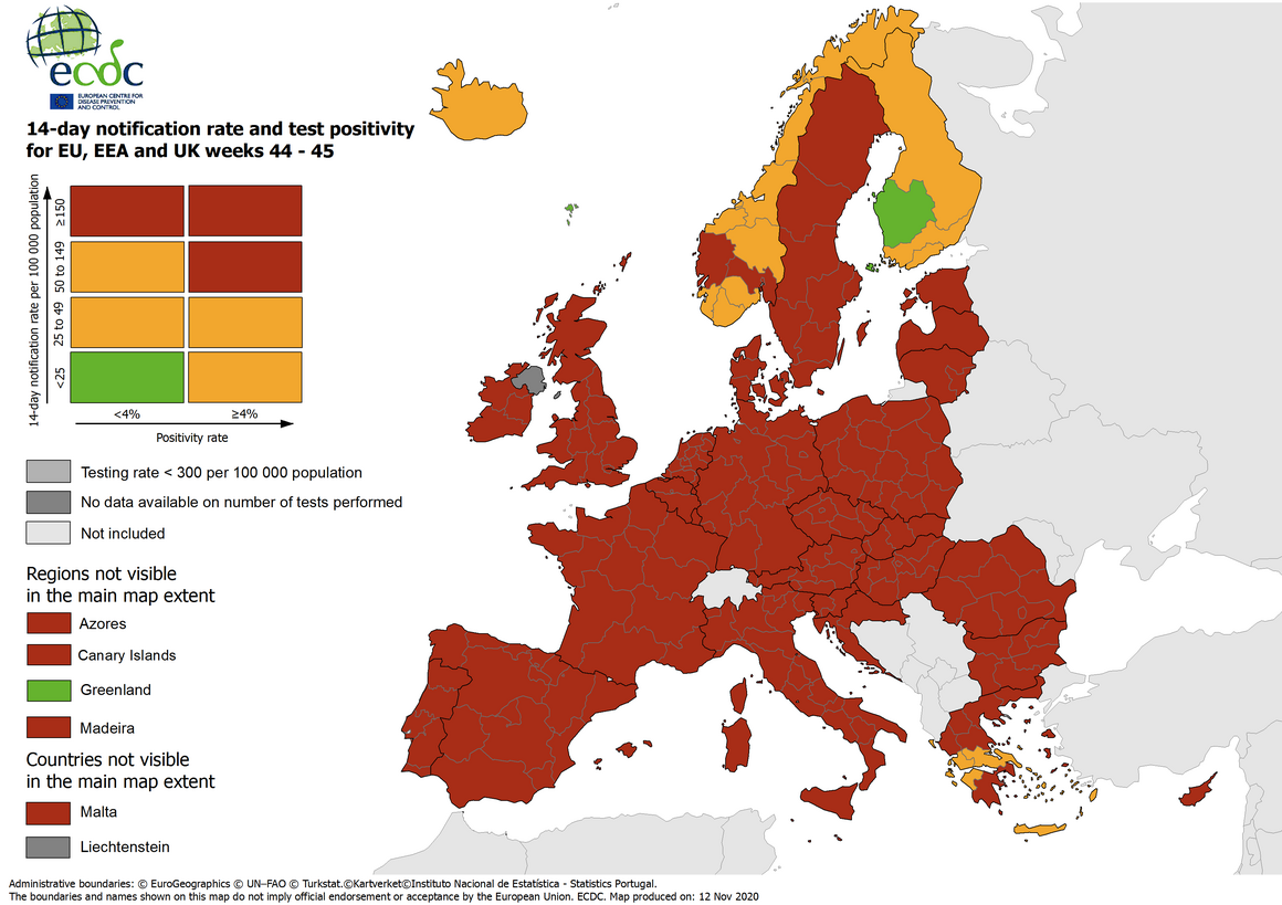 Combined indicator: 14-day notification rate, testing rate and test positivity, updated 12 November 2020