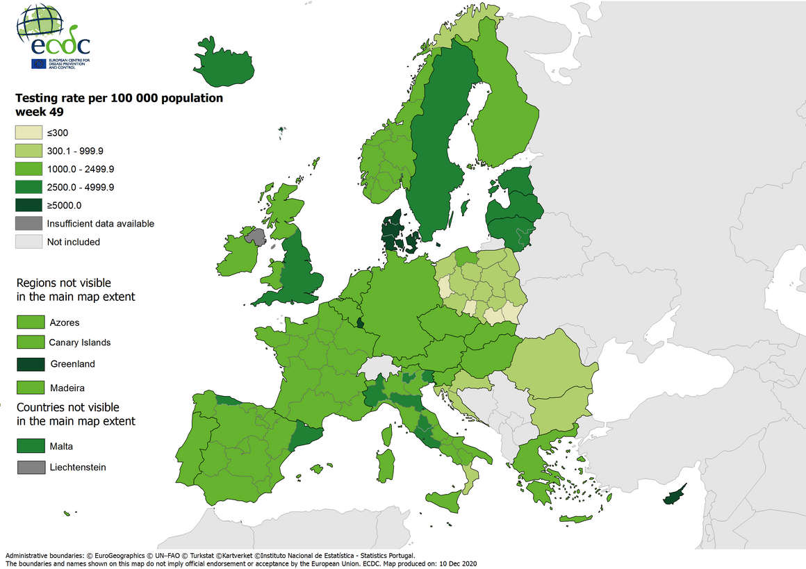 Testing rates per 100 000 inhabitants, updated 10 December 2020