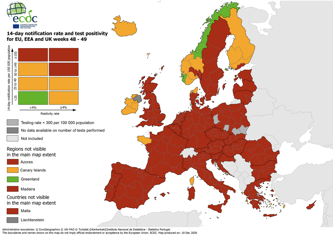 Combined indicator: 14-day notification rate, testing rate and test positivity, updated 10 December 2020