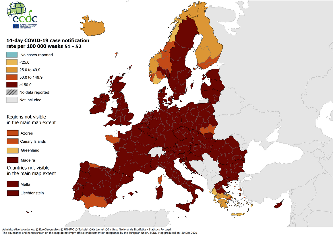 14-day case notification rate per 100 000 inhabitants, updated 31 December 2020
