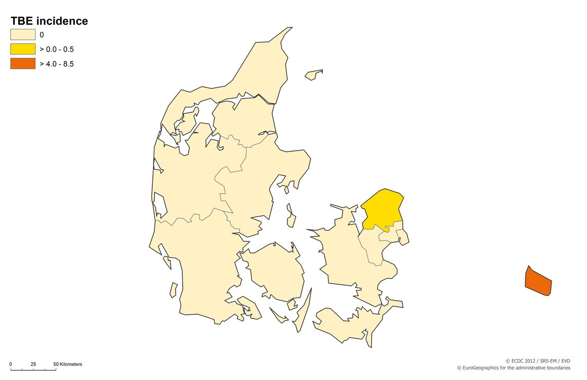 TBE average annual incidence rate per 100 000 inhabitants by place of exposure (NUTS3), Denmark (n=28, period 2001–2010)