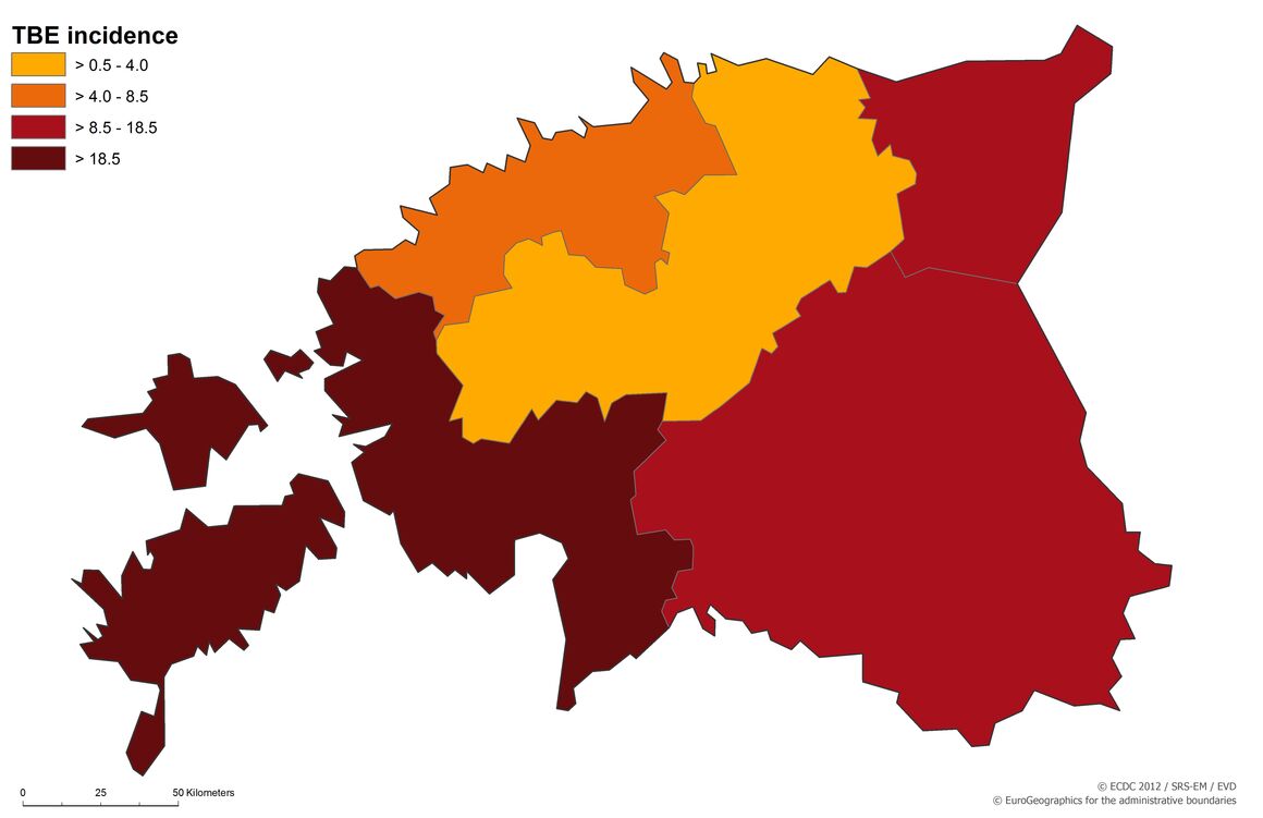 Map showing the TBE average annual incidence rate per 100 000 inhabitants by NUTS3, Estonia (n=469, period 2008–2010)