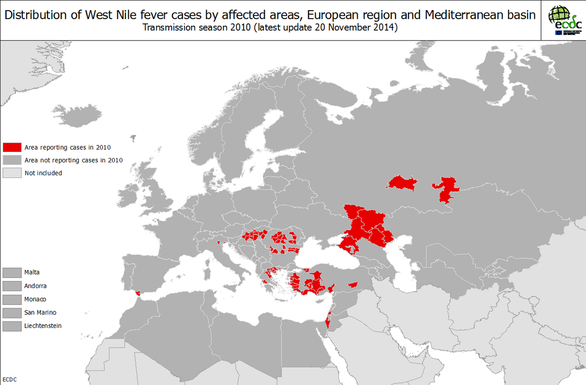 West Nile fever transmission season 2010 - Distribution of West File fever cases by affected areas European region and Mediterranean basin 
