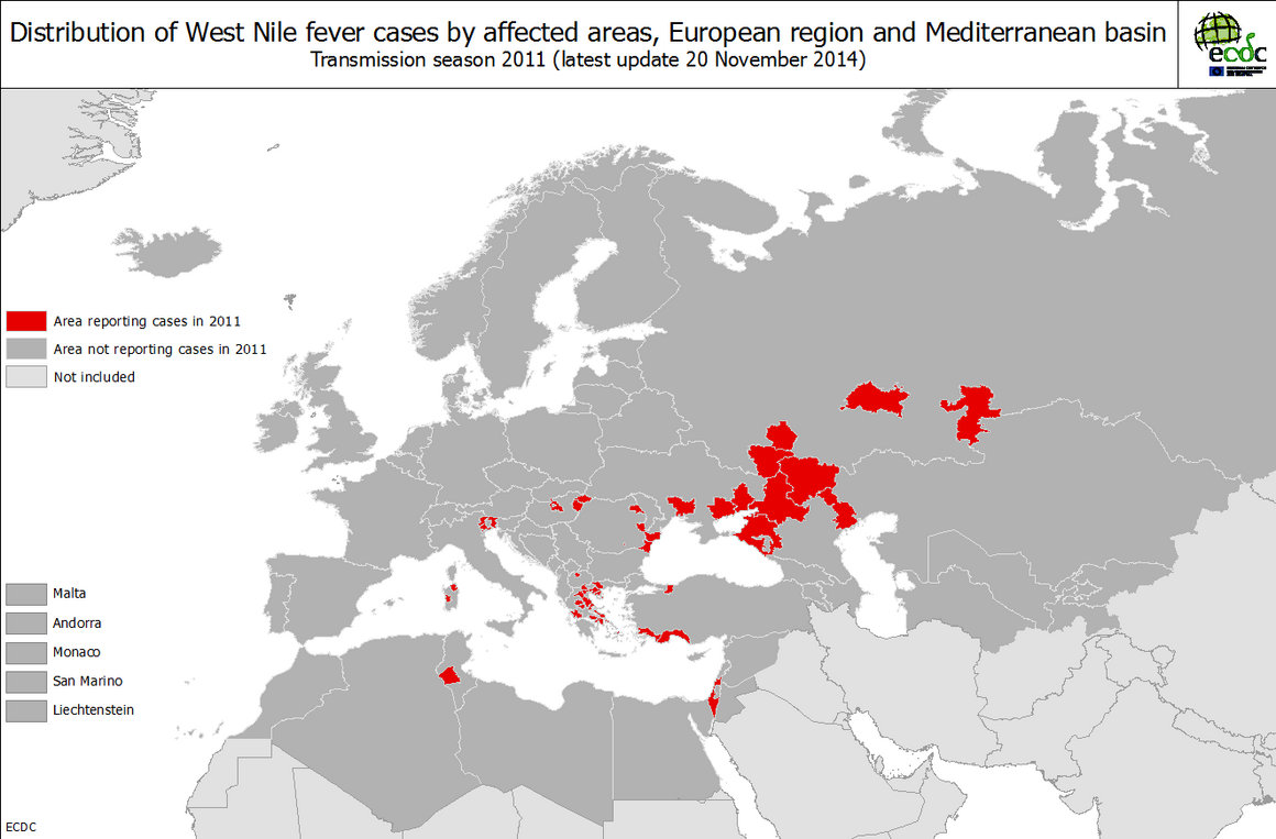 West Nile fever transmission season 2011 - Distribution of West File fever cases by affected areas European region and Mediterranean basin