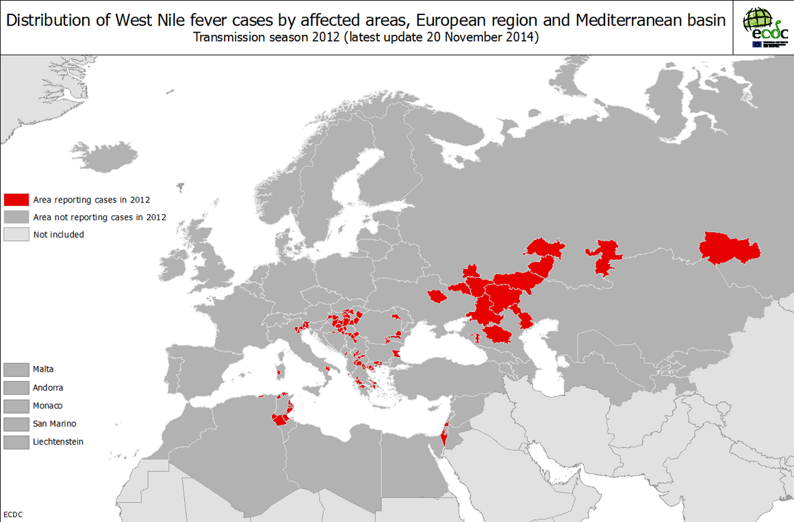 West Nile fever transmission season 2012 - Distribution of West File fever cases by affected areas European region and Mediterranean basin 