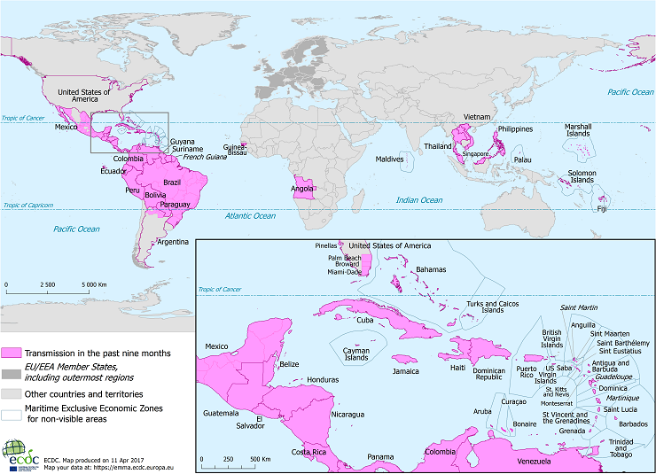 Map showing the Zika transmission in past nine months, as of April 2017 