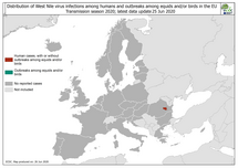 West Nile virus in Europe in 2020 - infections among humans and outbreaks among equids and/or birds, updated 25 June 2020