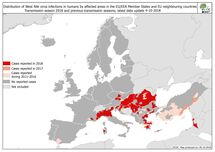 West Nile fever in Europe in 2018 - human cases compared to the previous season; updated 5 October Thumbnail