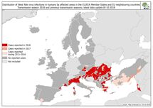 West Nile fever in Europe in 2018 - human cases compared to the previous season; updated 19 October Thumbnail
