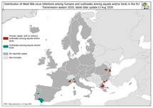 West Nile virus in Europe in 2020 - infections among humans and outbreaks among equids and/or birds, updated 13 August 2020