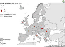 Number of measles cases by country, EU/EEA, August 2018 (n=439) Thumbnail