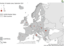 Number of measles cases by country, EU/EEA, September 2018 (n=234) Thumbnail
