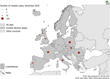 Number of measles cases by country, EU/EEA, November 2018 (n=385) Thumbnail