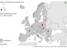 Number of measles cases by country, EU/EEA, December 2018 (n=457) Thumbnail
