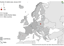 Number of rubella cases by country, EU/EEA, January 2019 (n=56) Thumbnail