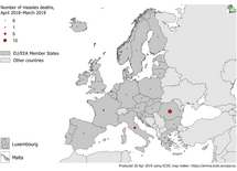 Number of measles deaths by country, EU/EEA, 1 April 2018 to 31 March 2019 (n=22) Thumbnail
