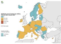 Notification rate of measles per million population by country, February 2021 – January 2022
