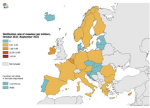  Notification rate of measles per million population by country, October 2021 – September 2022
