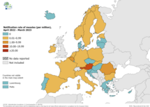 Notification rate of measles per million population by country, April 2022 - March 2023