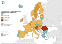 Notification rate of measles (per million), September 2022 - August 2023