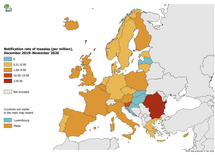 Measles notification rate per million population by country, EU/EEA and the UK, December 2019 - November 2020