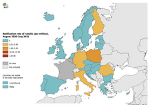 Notification rate of rubella per million population by country, August 2020-July 2021