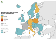 Notification rate of rubella per million population by country, November 2020 – October 2021