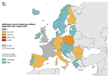 Notification rate of rubella per million population by country, September 2021 – August 2022