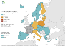 Notification rate of rubella per million population by country, March 2022 - February 2023
