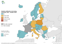 Notification rate of rubella per million population by country, November 2022 - October 2023