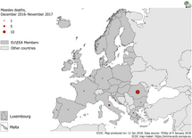 Distribution of measles deaths by country, December 2016–November 2017, EU/EEA countries Thumbnail
