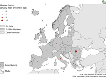 Distribution of measles deaths by country, Jan 2017–December 2017, EU/EEA countries Thumbnail