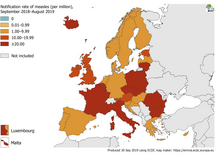 Measles notification rate per million population, September 2018-August 2019 Thumbnail
