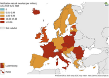 Measles notification rate per million population by country, 1 July 2018 to 30 June 2019 Thumbnail