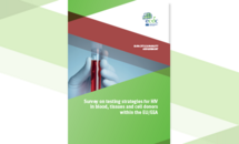 Cover of the report "Survey on testing strategies for HIV in blood, tissues and cell donors within the EU/EEA"