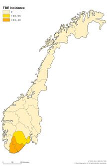 TBE average annual incidence rate per 100 000 inhabitants by NUTS3, Norway (n=53, period 2000–2010) Thumbnail