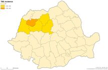 TBE average annual incidence rate per 100 000 inhabitants by NUTS3, Romania (n=14, period 2008–2010) Thumbnail