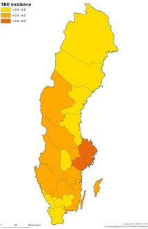 TBE average annual incidence rate per 100 000 inhabitants by NUTS3, Sweden (n=1 086) Thumbnail