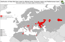 West Nile fever transmission season 2012 - Distribution of West File fever cases by affected areas European region and Mediterranean basin Thumbnail