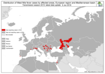 West Nile fever transmission season 2015 - Distribution of West File fever cases by affected areas European region and Mediterranean basin Thumbnail