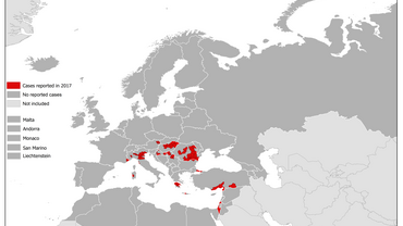 Map showing the West Nile fever cases by affected areas in Europe and the Mediterranean, 2017 transmission season