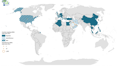 Geographical distribution of confirmed cases of MERS-CoV by reporting country, April 2012 - 10 December 2025