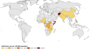 Geographical distribution of 3-month cholera case notification rate per 100 000 population reported worldwide, July-September 2022