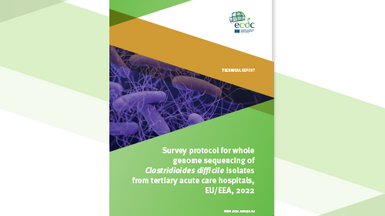 Cover of the report: "Survey protocol for whole genome sequencing of Clostridioides difficile isolates from tertiary acute care hospitals, EU/EEA, 2022"